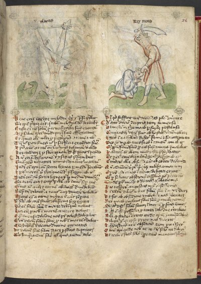 Sloane 361，f.26 以赛亚的殉难；摩押王献祭他的儿子，选自 "Speculum Humanae Salvation"（牛皮纸上的墨水和色彩） 作者 德国学校