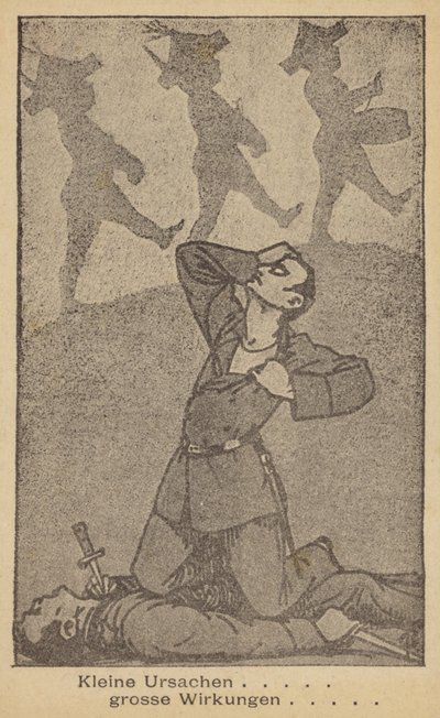 小原因大影响。德国反战插图，由国际妇女争取和平与自由联盟（WILPF）发行，1920 年代末（平版）。 作者 德国学校