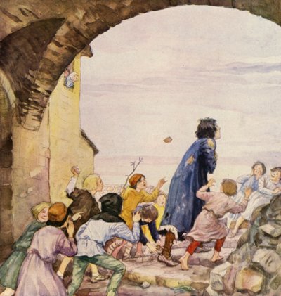 被儿童嘲弄的圣弗朗西斯（彩色石版画） 作者 德国学校