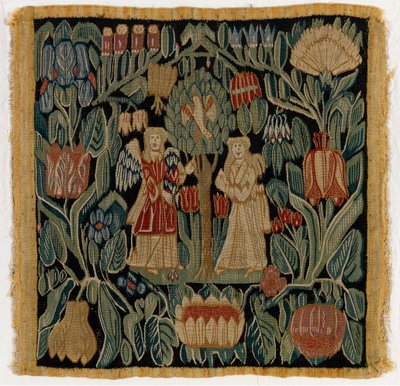 描绘《天使报喜》的挂毯垫套，来自下萨克森州或丹麦，1600 年后（羊毛） 作者 德国学校