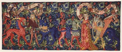 描绘一对恋人和神兽的挂毯，巴塞尔，约 1480 年（彩色石版画） 作者 德国学校