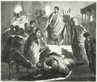 Tarquinius Superbus刺杀他的岳父Servius Tullus，以夺取罗马王位（雕刻）。 作者 德国学校