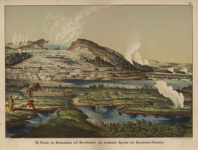 Te Tarata（白色台地），新西兰罗托马哈纳湖岸边的地热硅烧结矿（彩色石版画） 作者 德国学校