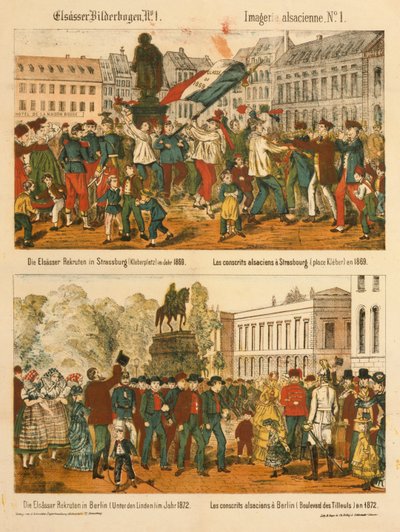 阿尔萨斯于1869年在斯特拉斯堡（Kleberplatz）和1872年在柏林（Under den Linden）从Elsaesser Bilderbogen招募，由斯特拉斯堡的A. Schneider出版，1873年 作者 德国学校