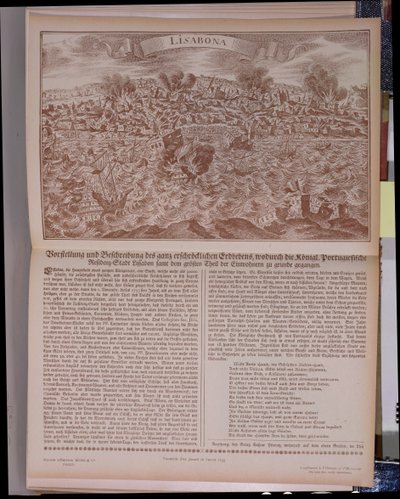 1755年在里斯本的大地震，原始雕刻和文字的传真副本，1755年 作者 德国学校