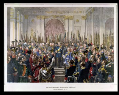 1871年1月18日在凡尔赛宫的镜厅，威廉作为新德意志帝国的凯撒宣言（彩色版画） 作者 德国学校
