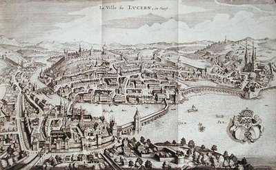 瑞士卢塞恩镇，出自约翰-雅各布-谢赫泽里的《阿尔卑斯山》，1706年出版（雕刻）。 作者 德国学校
