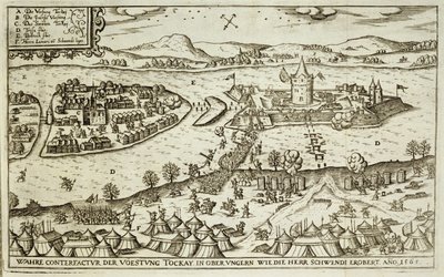 1565年Herr Schwendi从土耳其人中恢复的Tokay镇，来自欧洲奥斯曼帝国运动的一本书，插图由Paul Furst（c.1605-66） 作者 德国学校