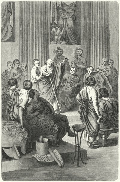 公元前 279 年，盲人阿皮乌斯·克劳狄乌斯·凯库斯 (Appius Claudius Caecus) 在罗马元老院反对伊庇里斯的皮洛士 (Pyrrhus) 大使西尼亚斯 (Cineas) 的讲话（雕刻） 作者 German School