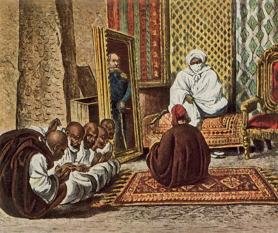 1870 年 6 月 5 日，探险家纳赫蒂加尔拜访博尔努的奥马尔酋长（增强彩色石版印刷）。 作者 德国学校