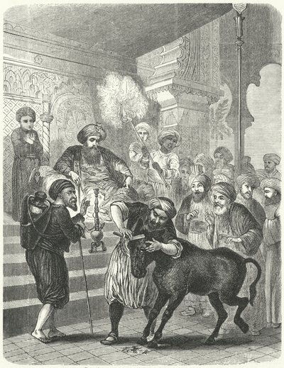 哈里发哈伦·拉希德 (Harun al-Rashid) 前的农民和他的屁股 (版画) 作者 德国学校