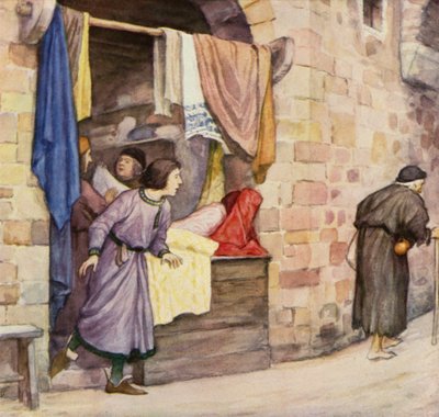 年轻的圣弗朗西斯和乞丐（彩色石版画） 作者 德国学校