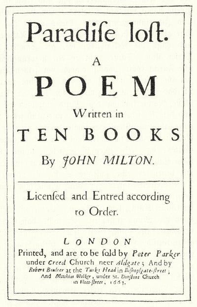 英国诗人约翰·米尔顿 (John Milton) 于 1667 年出版的《失乐园》原版标题页（版画） 作者 德国学校