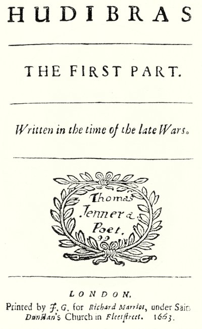 英国诗人塞缪尔·巴特勒 (Samuel Butler) 的讽刺诗 Hudibras 的扉页，出版于 1663 年（版画） 作者 德国学校