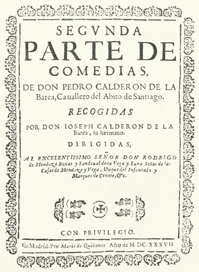 1637年出版的《卡尔德隆喜剧》四卷中的第二卷的扉页（雕刻）。 作者 德国学校