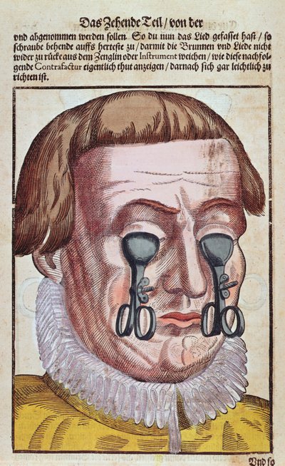 治疗眼部疾病，来自Georg Bartisch的Ophthalmodouleia（1535-1636）于1583年在德累斯顿出版（彩色木版画） 作者 德国学校