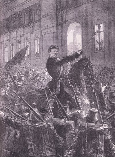 Trochu 在 Hotel de Ville 外集结国民警卫队，Cassells 法德战争史，由 Cassell and Company Limited 出版，约 1890 年（石版画） 作者 德国学校