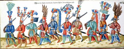 土耳其的Janissaries，来自与奥斯曼帝国苏丹法院相关的插图集，c.1600（纸上写着） 作者 德国学校