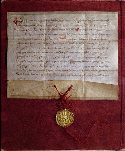 由弗雷德里克二世（1194-1250）承担为国王路易九世（1214-70）提供马匹，武器和第七次十字军东征的规定，1246 作者 德国学校