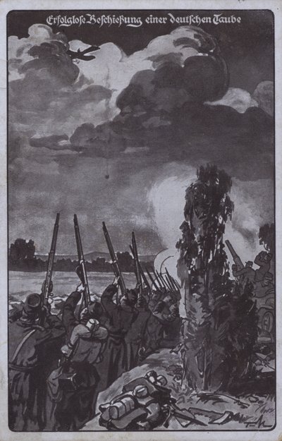 击落德军飞机未遂，第一次世界大战（石版画） 作者 德国学校