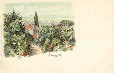 德国弗莱堡市及其大教堂 (chromolitho) 的景观 作者 德国学校