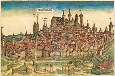 纽伦堡市的视图，发表在纽伦堡纪事报，1493年 作者 德国学校