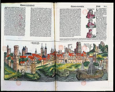 科隆镇的景色，纽伦堡纪事馆，Hartmann Schedel，1493年（彩色木版画） 作者 德国学校