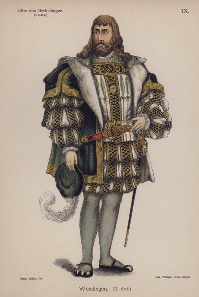 Weislingen，来自歌德的Gotz von Berlichingen（彩色平版印刷）。 作者 德国学校