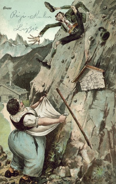 女人抓男人从山上掉下来（彩色石版画） 作者 德国学校