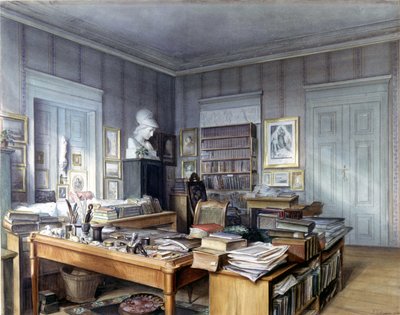 威廉-格林（Wilhelm Grimm）（1786 -1859）在柏林林克大街7号的工作间。霍夫曼先生的雕刻作品。国家博物馆，纽伦堡。1860. 作者 德国学校