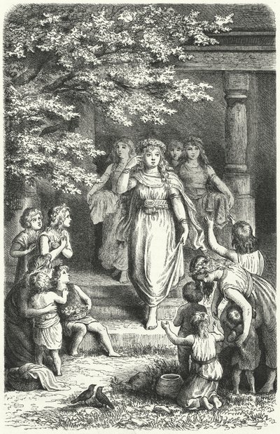 年轻的德国妇女戴着花圈庆祝 Eostre (Ostara) (雕刻) 作者 德国学校