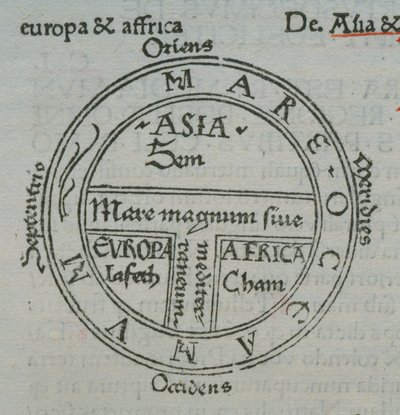 f.177v T-in-O地图，带有凸版印刷地名，来自塞维利亚的Isidore，Liber Etimologiarvm 作者 德国学校