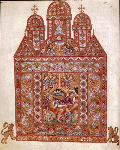 Nativite Miniature of the Codex of Egbert (Codex Egberti) by the school of Reichenau. 980 approx. Cividale del Friuli, Museo Archeologico or Cathedrale de Cividale 作者 德国学校