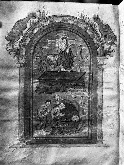f.234v，十字架的下降和门徒在坟墓前的探访，Liuthar-Evangeliar / Otto-Evangeliar，c.990（牛皮纸上的蛋彩画） 作者 德国学校