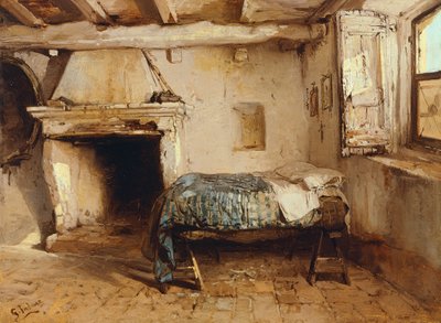 质朴的内饰，Gerolamo Induno（1825-1890）创作，木板油画，27.5 x 37.7 厘米。 作者 Gerolamo Induno