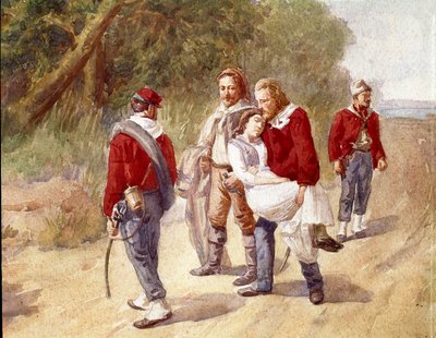 1849 年，意大利爱国者朱塞佩·加里波第 (Giuseppe Garibaldi) 将患有针孢的妻子安妮塔 (Anita) 送往拉文纳 (水彩) 作者 Gerolamo Induno