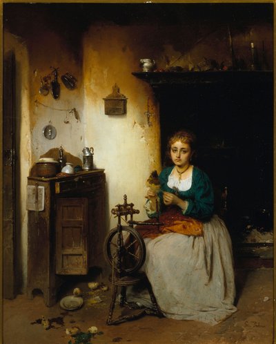 纺羊毛的年轻女子，表情悲伤，内心凄苦。杰罗拉莫（Girolamo）-因杜诺（1825-1890 年）的画作 尺寸：65x52 厘米 热内卢内尔维，现代艺术画廊，藏品编号 26。65x52 厘米，热那亚内尔维，现代艺术画廊，展品编号 26 作者 Gerolamo Induno