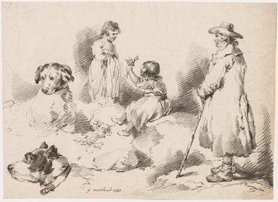 儿童研究 两个小女孩，两条狗，一个人，1793年。 作者 杰拉德街 J. Harris Soho