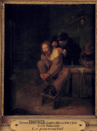 手术（或敷料） 照顾病人的外科医生。 Gerrit Lundens (1622-1683) 在 Adriaen Brouwer (1605/1606-1638) 之后的绘画。 17世纪。 暗淡。 0,32x0,28 m。 作者 格里特·伦登斯