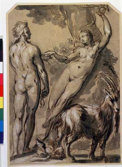 "亚当和夏娃》 夏娃摘下禁果，递给亚当。格利特-皮特兹（Gerrit Pietersz，1566-1616 年）15 世纪 90 年代后期的钢笔画。 作者 格里特·彼得斯