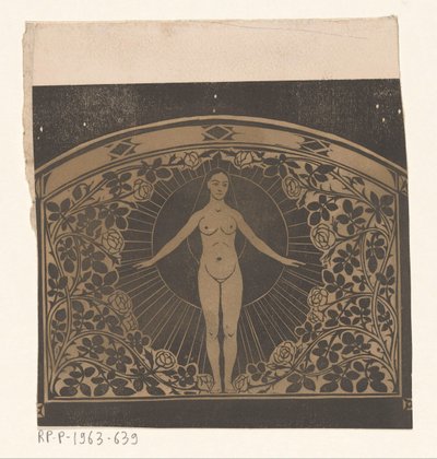 1901 年日历的框架设计，显示一位妇女和一朵花 作者 格里特·威廉·戴塞尔霍夫