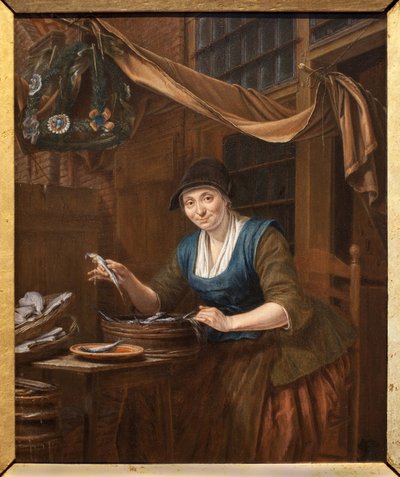鱼贩。 Gerrit Zegelaar（1719-1794 年）的绘画，木板油画，18 世纪中叶。 昂热美术博物馆。 作者 格里特·泽格拉尔