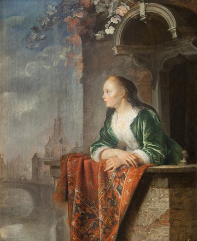 Jeune femme sur un balcon - Young woman on a balcony - Gerard (Gerrit) Dou (1613-1675). Oil on canvas, ca 1665. National Gallery, Prague 作者 葛瑞特窦