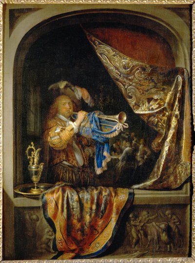小号手，背景是一场盛宴... 作者 Gerrit 或 Gerard Dou