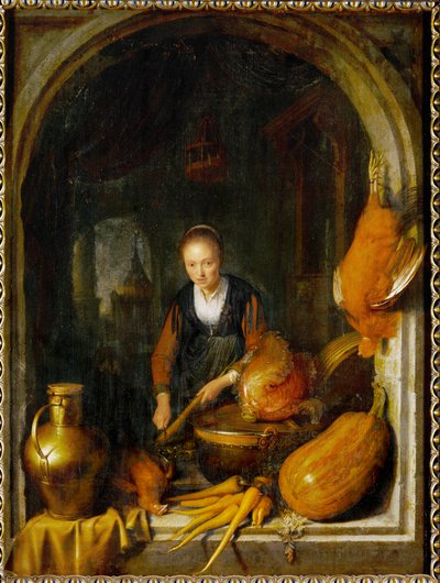 准备食物的年轻女子（布面油画） 作者 Gerrit 或 Gerard Dou