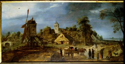 与磨房的村庄街道荷兰乡下风景。 Gerrit Van Honthorst (1590-1656) 17 世纪的绘画。 里昂，弗朗西斯科·曼德博物馆 作者 格里特·范·洪特霍斯特