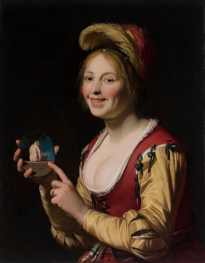 面带微笑的歌妓女孩手持淫秽图像 作者 Gerrit van Honthorst