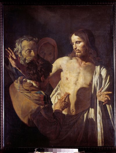 圣托马斯的不信者他触摸基督拯救的伤口以相信他的外表。 Gerrit Van Honthorst (1590-1656) 的绘画 作者 格里特·范·洪特霍斯特
