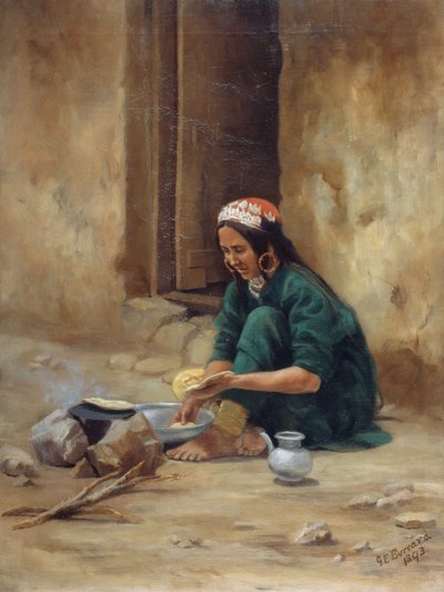 来自拉达克的一位希尔妇女，烹饪她的食物，1893年 作者 格特鲁德·艾伦·伯拉德