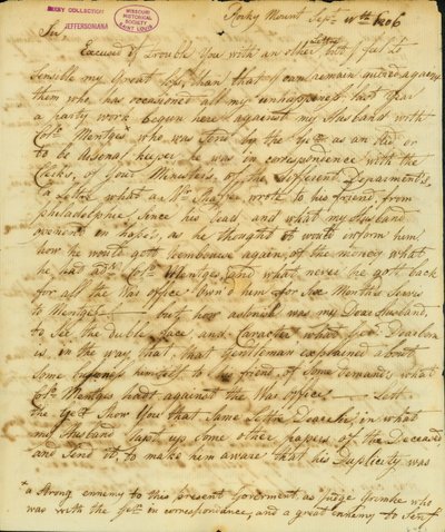 署名为Gertrude Joan Senf, Rocky Mount的信，1806年9月11日致托马斯-杰斐逊 作者 格特鲁德·琼·芥末